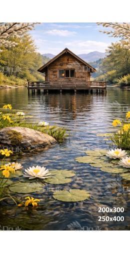 Tło fotograficzne „Drewniana chatka na jeziorze z liliami wodnymi” | E860